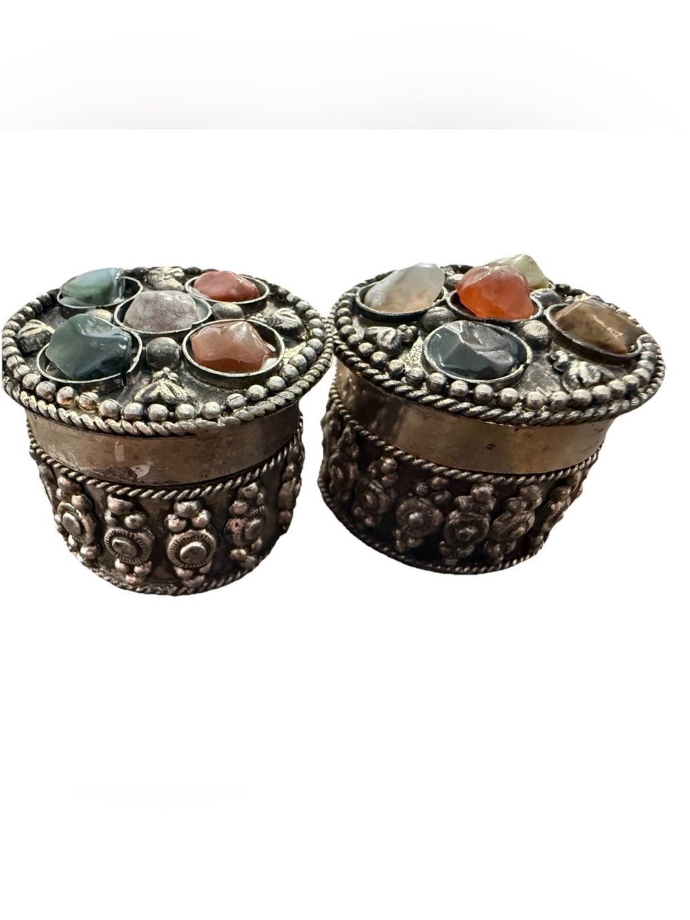 Vintage Silver Plated Trinket Boxes Set of 2 Semi Precious Stones Made In India